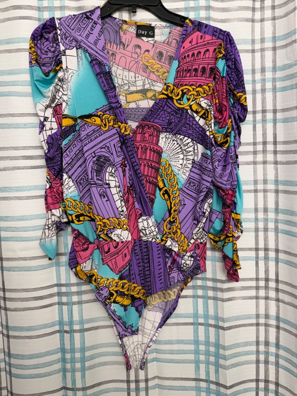 Day G Graphic Chain & Architecture Print Bodysuit in Purple & Turquoise